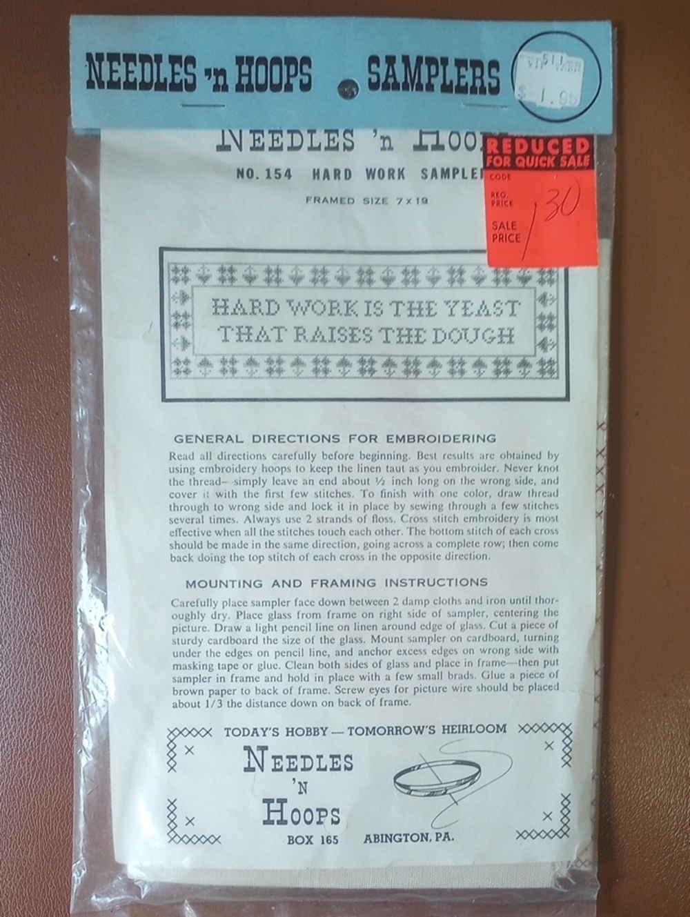 NWT Needles 'N Hoops Stamped Cross Stitch Kit No. 154, Hard Work Sampler